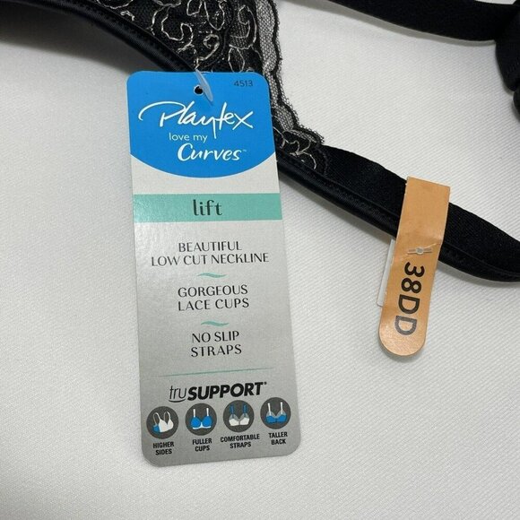 Playtex Lift Support Bra Size 38DD Black Full Coverage Low Cut Lace Embroidery - Picture 10 of 12